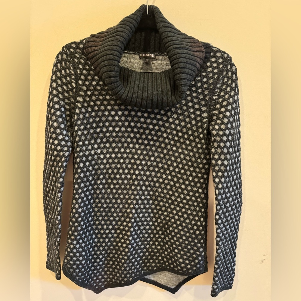 Express Sweater Womens Small Black Gray Polka Dot Overlay Turtleneck Long Sleeve
